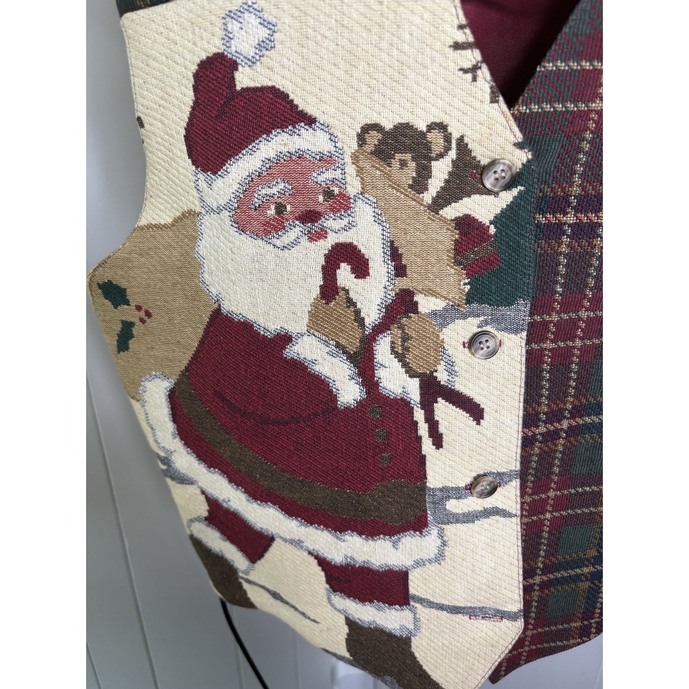 Vintage‎ On the Verge Sz L Santa Teddy Bear Train Toys Vest Plaid Christmas - Picture 3 of 8